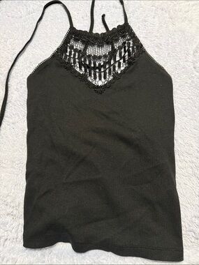 SO Black Crochet Halter Ribbed Tank Top